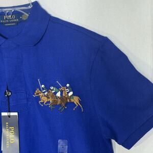 Polo Ralph Lauren Mens Medium Custom Fit Triple Pony Polo Shirt Blue # 3 NWT